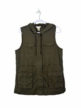 Matty M Utility Vest Hooded Olive Green Cargo Vest Safari Military Style Large